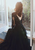 Black Tulle with Lace Long Sleeves A-line Prom Dress, Black Evening Dress Party Dress